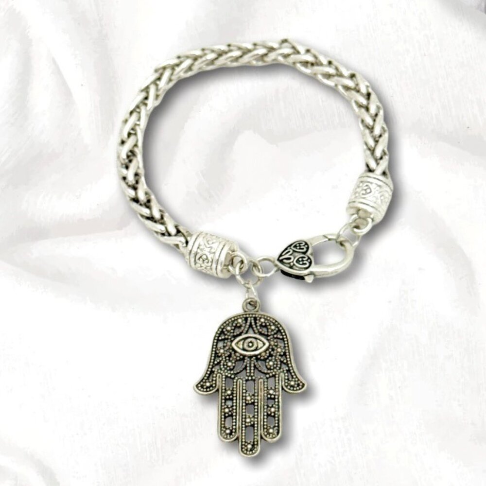 Silver-Tone Hamsa Hand Charm Bracelet Heart Lobster Clasp & Thick Braided Chain